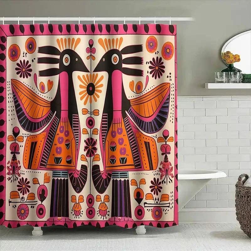 Vibrant Folk Art Shower Curtain - Colorful Bird & Floral Designs for Unique Bathroom Décor, Waterproof, Easy Care & Joyful
