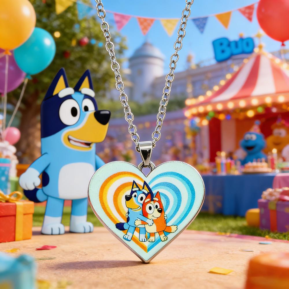 Discover Intime Women's Bluey Heart Shaped Stainless Steel Pendant Uv Colour Pattern Cartoon Necklace 'Bingo Family' Charm Attachment Birth Date Present