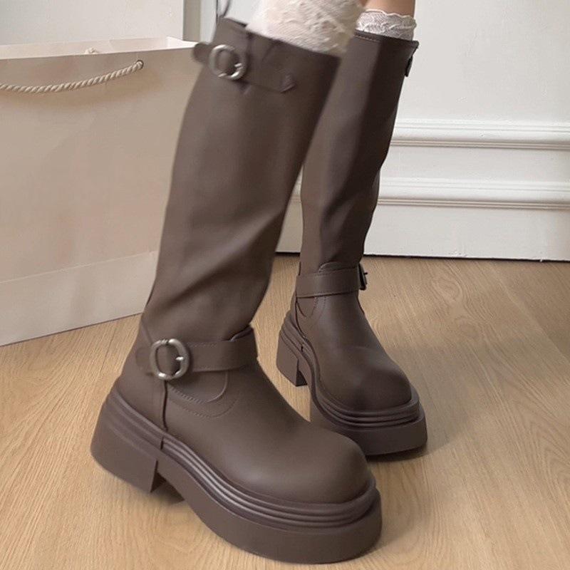 Black Belt Buckle Boots Women's 2025 New Versatile and Thin Small Man Increases Height But Knee High Knight Boots