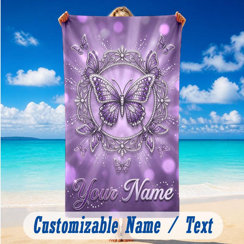 Butterfly Theme Beach Towel Personalized Custom Name & Text Soft Quick Dry Beach Towel for Swimming Travel