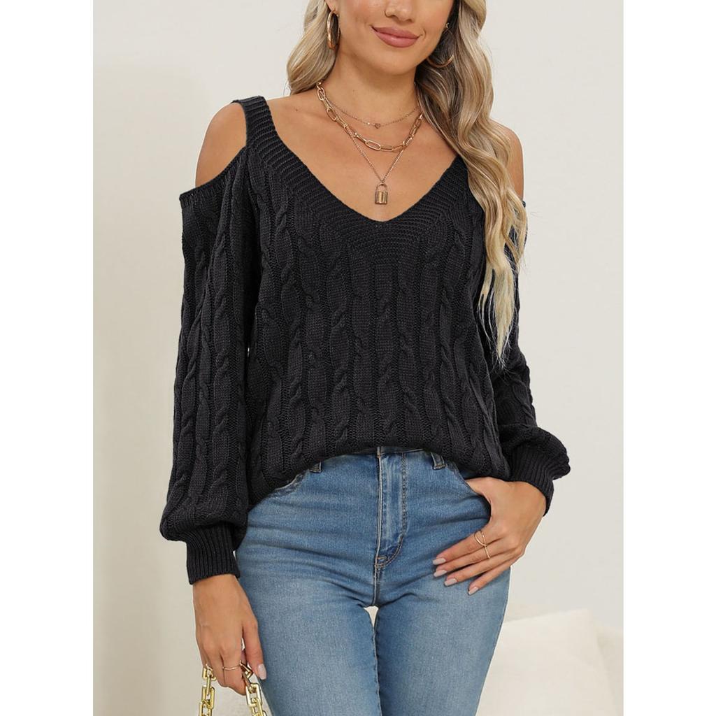Women's Deep V Off Shoulder Loose Slouchy Knit Pullover Sweater, Fall Winter  Basic Top for Ladies