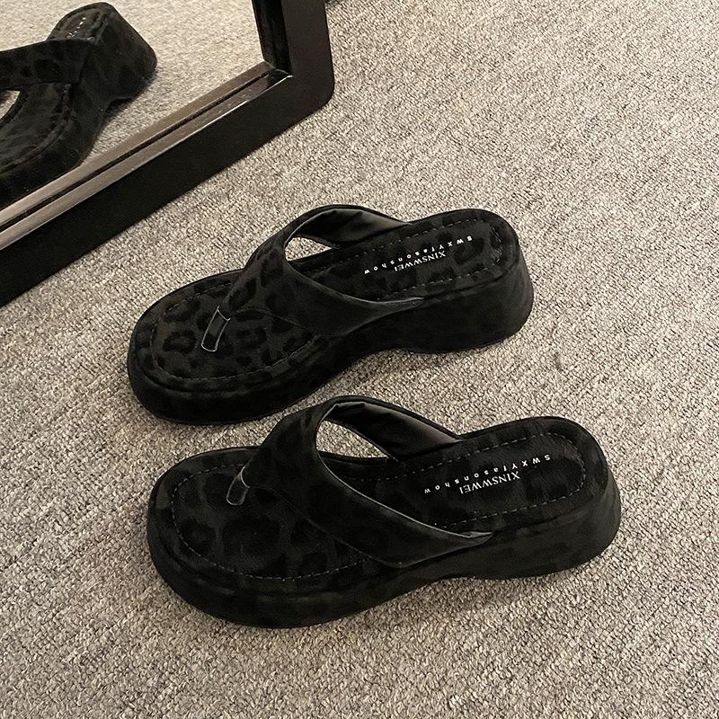 Wear summer high heels sandals toes new slippers leopard print herringbone female slope heel pink clip 2025