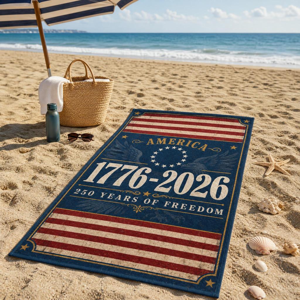 Amerika 250. Jahrestag Strandtuch, 1776- Patriotischer Adler & Flaggen-Druck, "250 Jahre Freiheit" Saugfähiges Schnelltrocknendes Handtuch