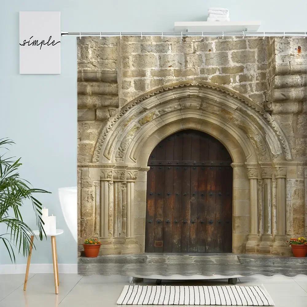 

Vintage Old Wooden Door Shower Curtain Morocco Arched Building Stone Brick Wall Bathroom Accessories With Hook Screen Washable 90x180cm-35x70in
