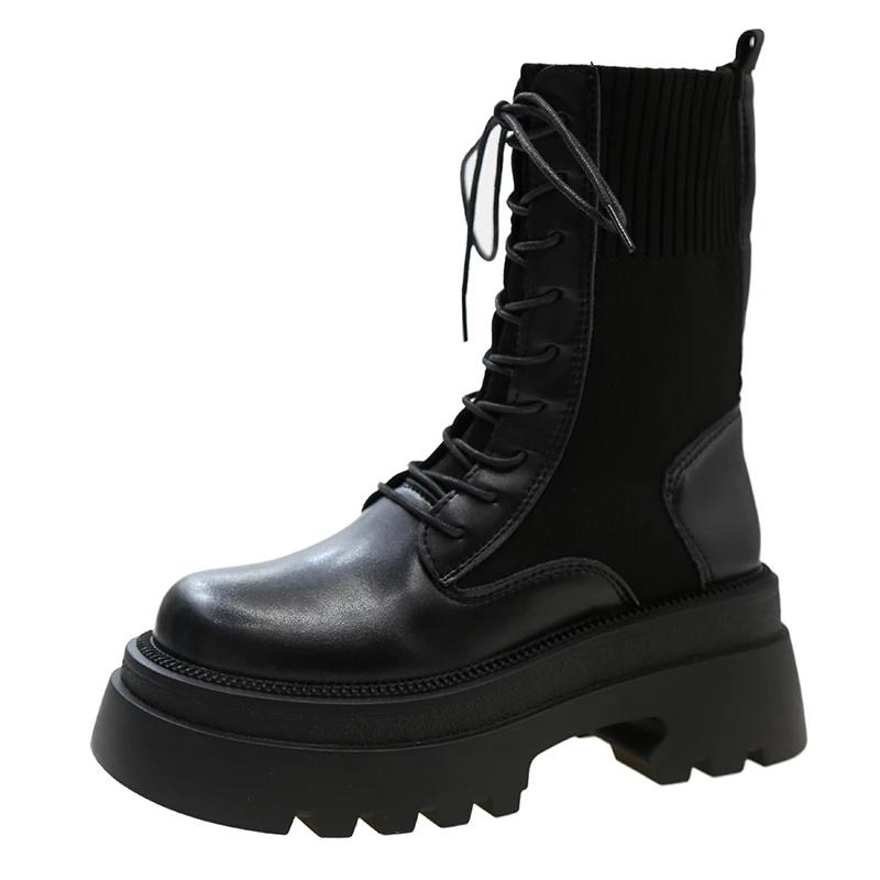 

Жіночі ботильйони Гарні весняні мотоциклетні черевики Туфлі на платформі на товстому каблуці Жіночі слипони з круглим носком Модні черевики 35 чорний