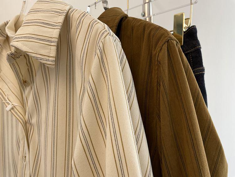 Damen Herbst Retro Kaffee Cord Pinstripe Kragen Langarm Lagenhemd