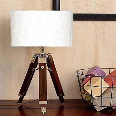 Beżowy tekowy drewno bez klosza bęben trójnóg klasyczna lampka nocna do salonu sypialni