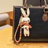 Handmade Fabric Rabbit Keyring, Linen Bunny Pendant with Carrot Embroidery & Multicolor Cord,Sleeping Bunny Keychain, Cute Plush Charm
