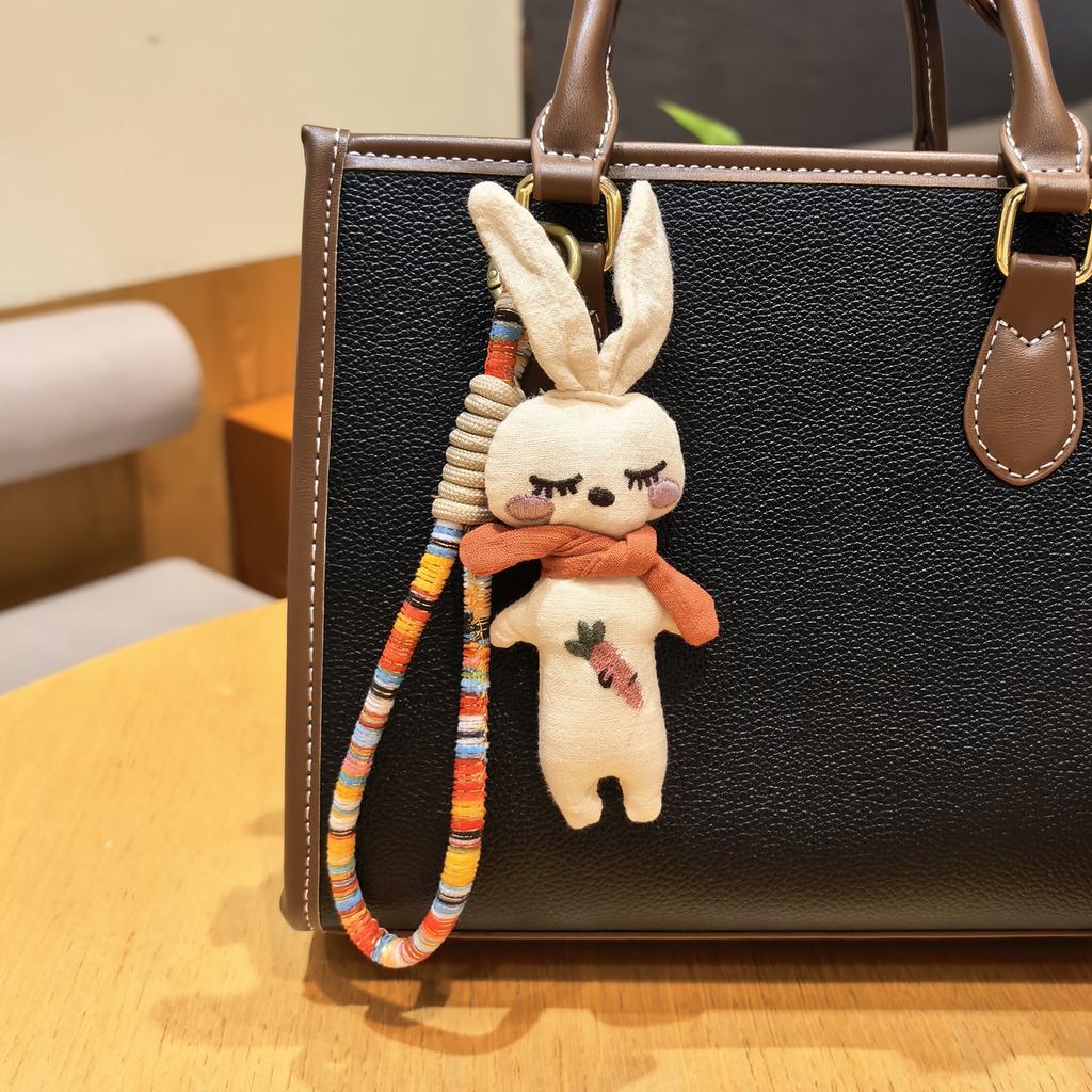 Handmade Fabric Rabbit Keyring, Linen Bunny Pendant with Carrot Embroidery & Multicolor Cord,Sleeping Bunny Keychain, Cute Plush Charm
