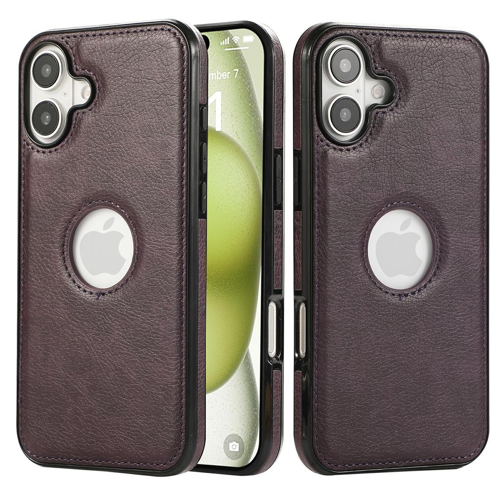 For iPhone 16 Case Logo View Litchi Texture PU Leather Coated PC+TPU Phone Cover