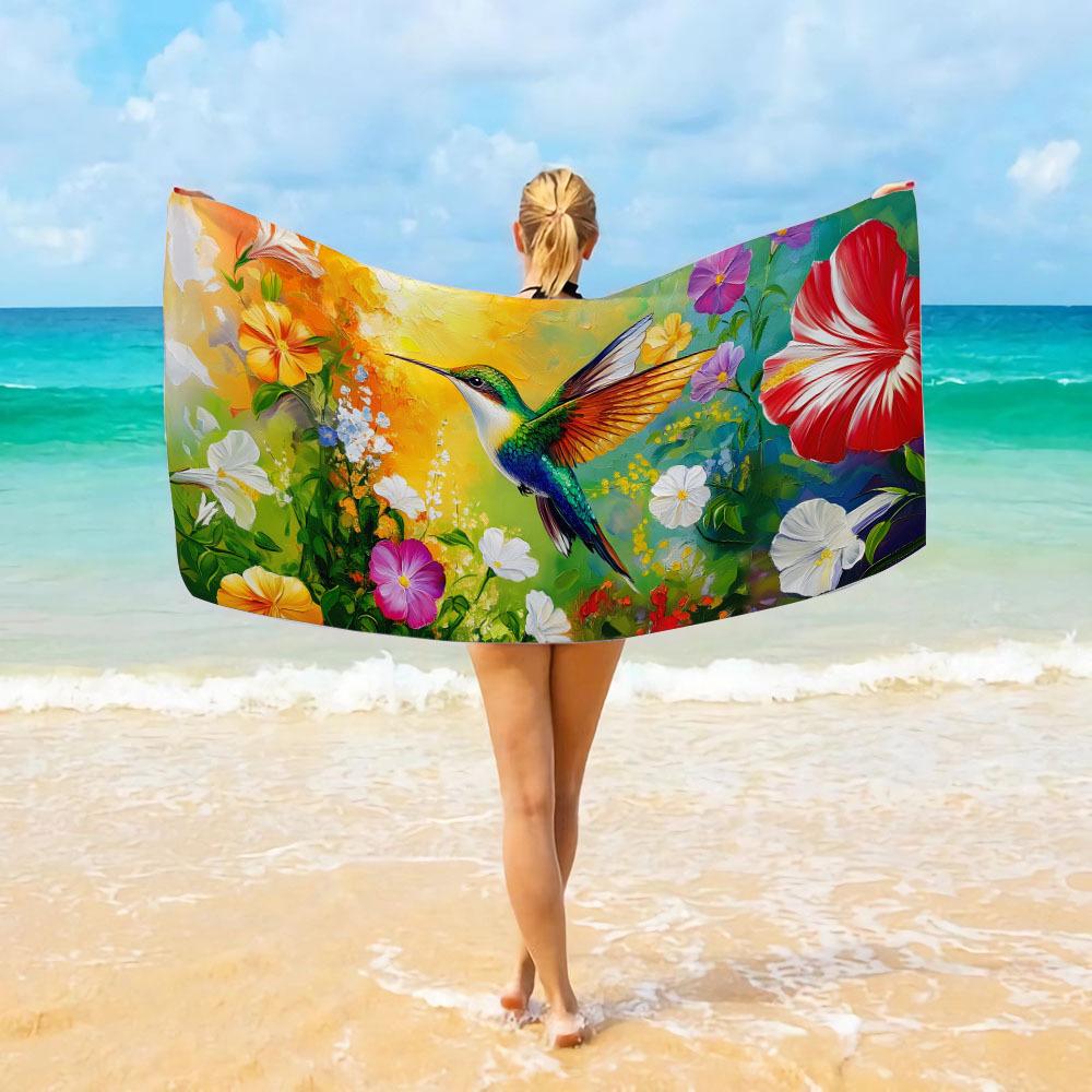 Beautiful Hummingbird & Flower Print Microfiber Towel, Ultra Absorbent Quick-Dry for Beach Holidays