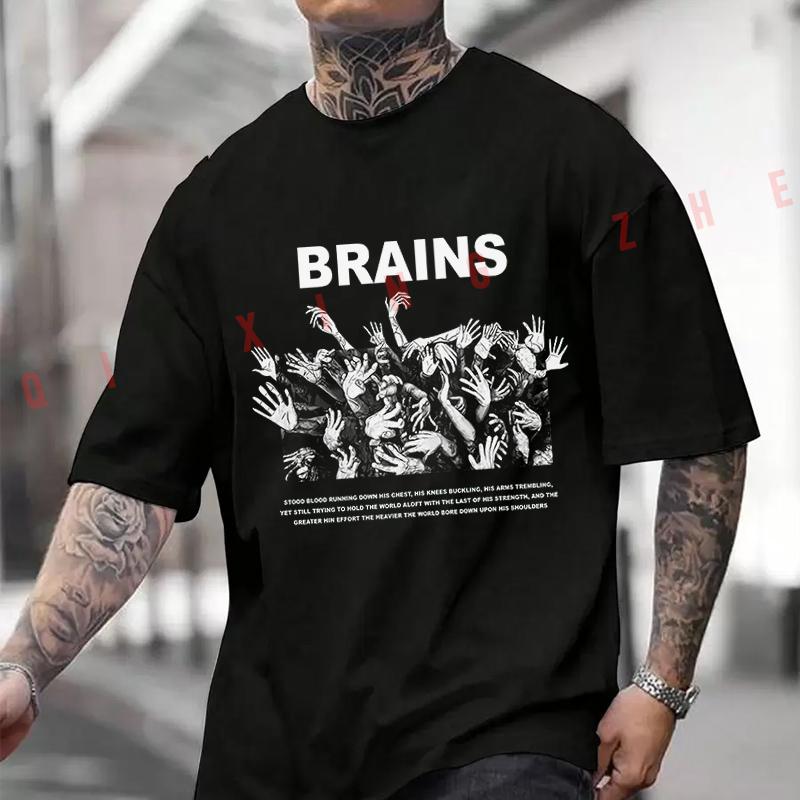 BRAINS Graphic Design Motorcycle Printed T-Shirt Men's Fashion Short Sleeve Exquisite Design Essential Top Tees