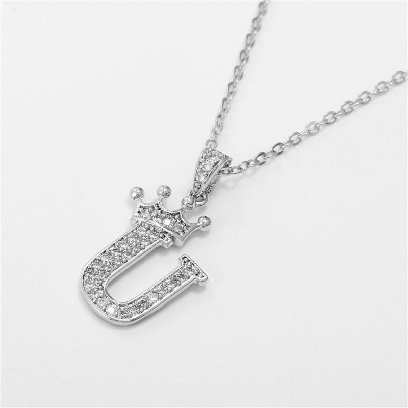 Fashion Cubic Zirconia Crown Letter Pendant Necklace Silver Hip Hop Punk Alphabet Jewelry
