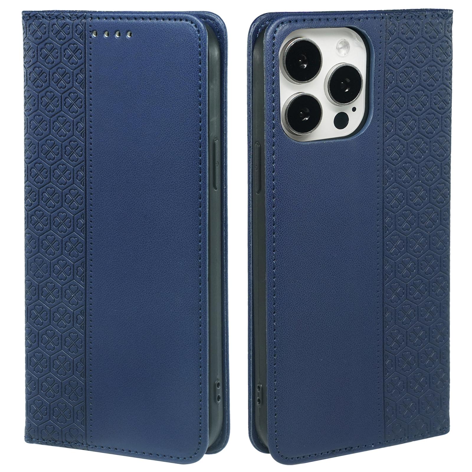 

For iPhone 15 Pro Max Case Four-Leaf Clover Leather Flip Phone Cover Blue