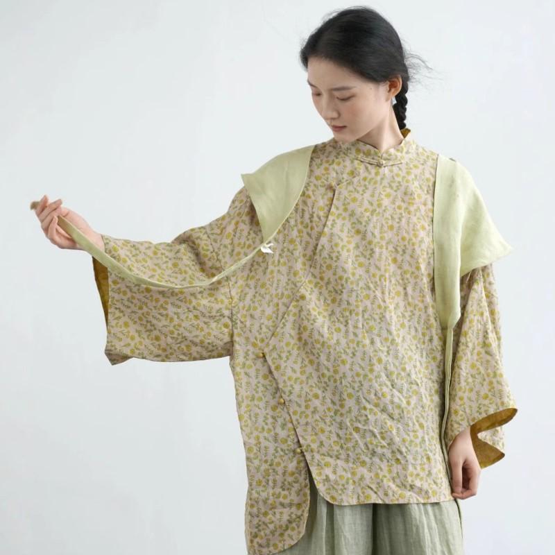Johnature Damen Hemden im chinesischen Stil Stehkragen Siebenärmel Druck Blumen Blusen Sommer Knopf Vintage Hemden