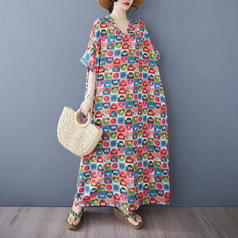 

Летнее литературное платье свободного покроя с принтом, V-образным вырезом и короткими рукавами one size