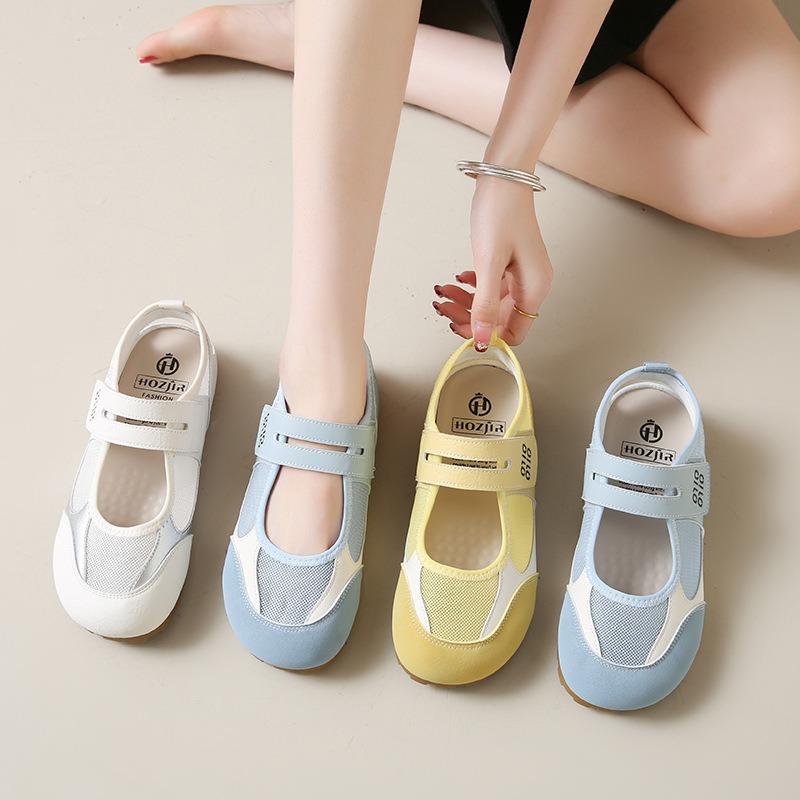Yellow shoes mesh Mary Jane shoes summer new Velcro light mouth round head canvas shoes single shoes