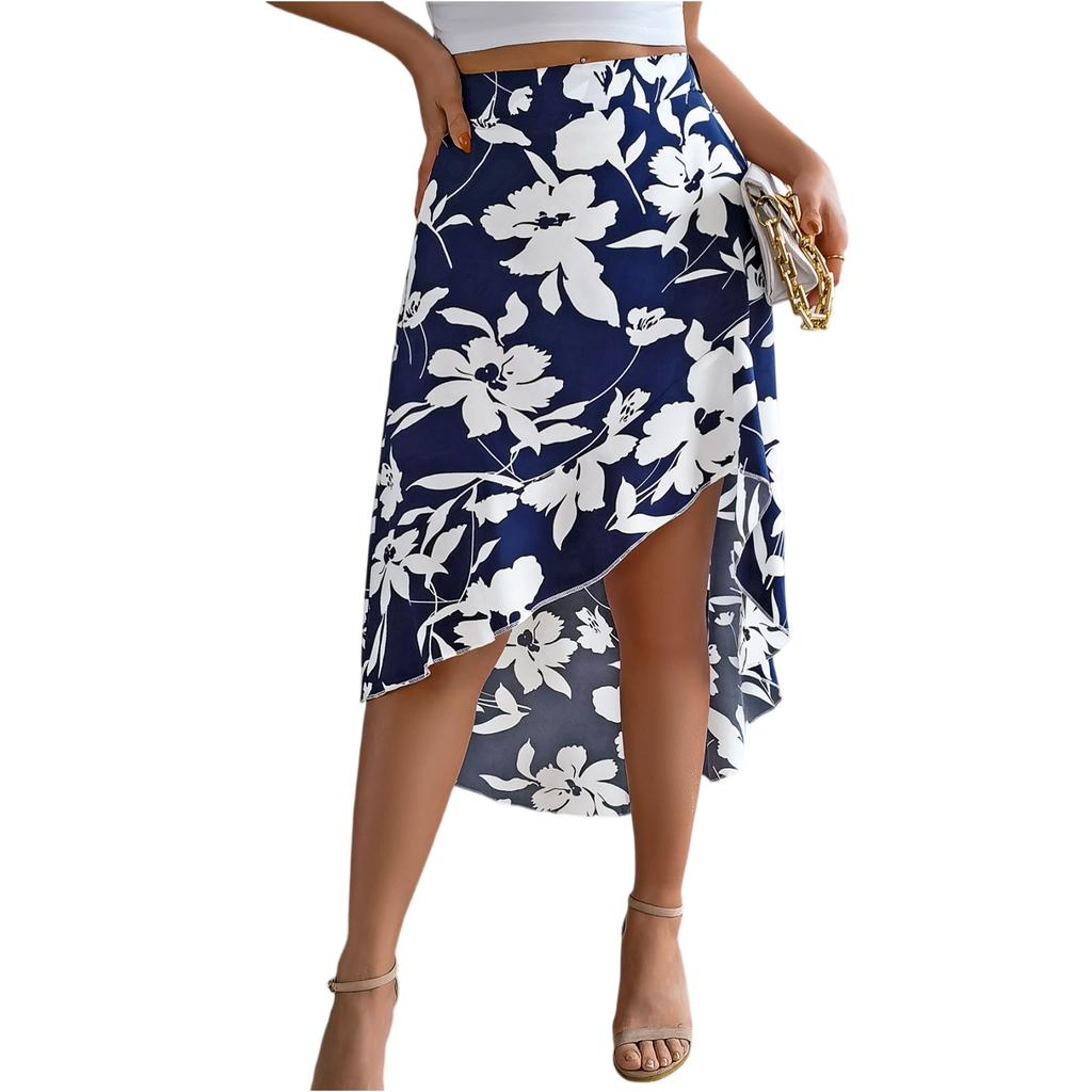 Women's Fashionable Floral Print Elastic Waist Ruffle Edge Mid Length Irregular Skirt
