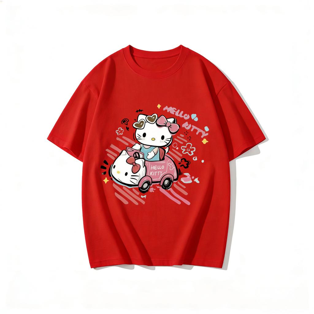 2026 New Arrival Kawaii Hello Kitty Pink Car Print Couple T Shirts Casual Loose Family Matching Outfits Parentchild Tees Tops
