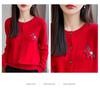 Korean Little Pony Embroidered Round-Neck Red Knit Cardigan: Women's Loose Fit High-End Style Sweater