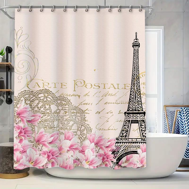 

Vintage Paris Eiffel Tower Floral Shower Curtain Pink Magnolias Decorative Bath Set For Home Bathroom 3D Printed Waterproof Fabr W60H190(CM)-1 Pcs