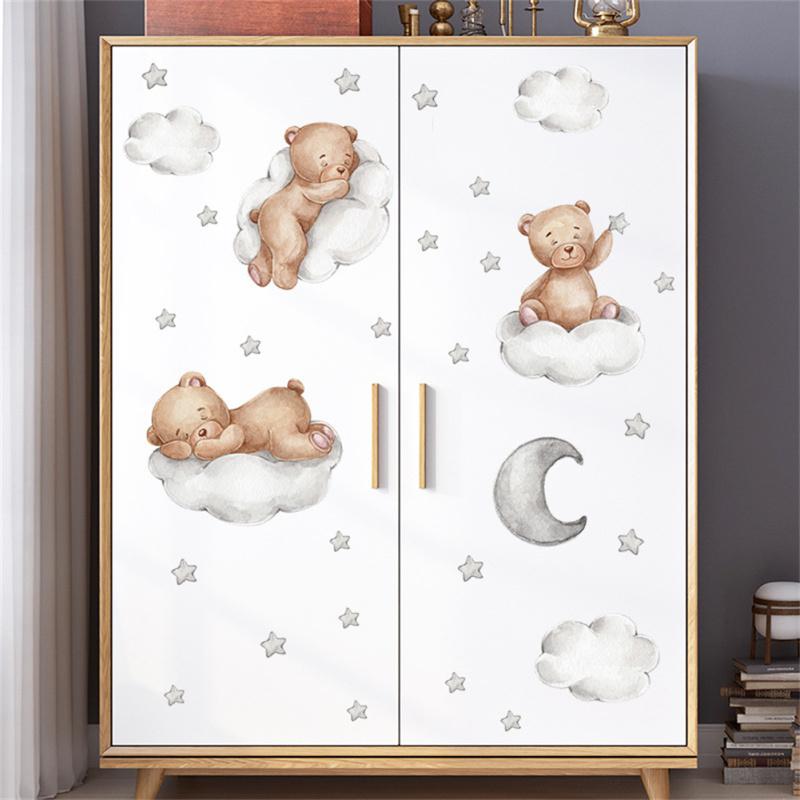 Cartoon Bear Wall Stickers Moon Clouds Stars Removable Wallpaper For Kids Room Home Wall Decoration