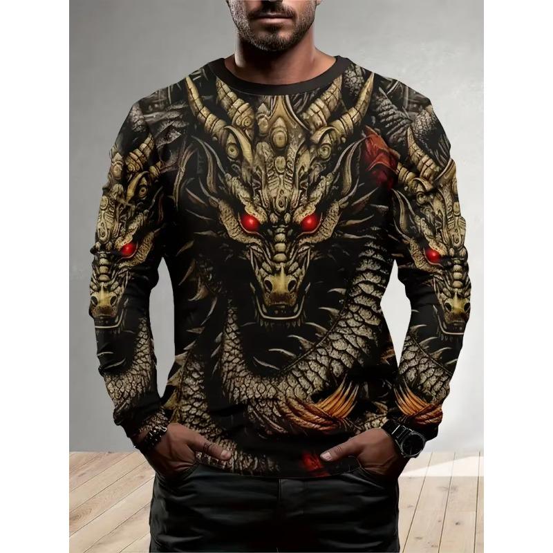 Vintage Men's Long Sleeve T-shirt 3D Golden Dragon Printed T Shirts Harajuku Oversized Top Casual Men's Outdoor T-Shirt Pullover