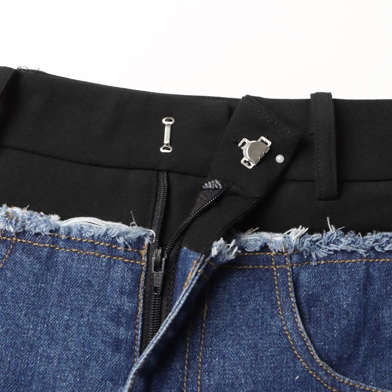 Retro Hong Kong Style Low-Waist Straight Denim Skirt with Front Slit and Contrast Splicing - Women's 2025 Spring Collection