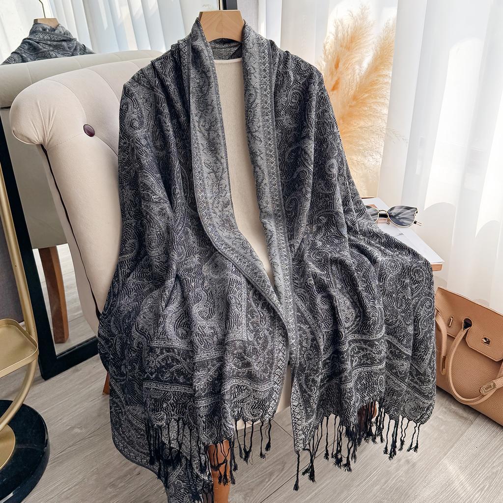 Modischer Damen Winter Warmer Kaschmirschal - Quastenbesetzter Vintage Floral Ölmalerei Gedruckter Pashmina Dicker Schal