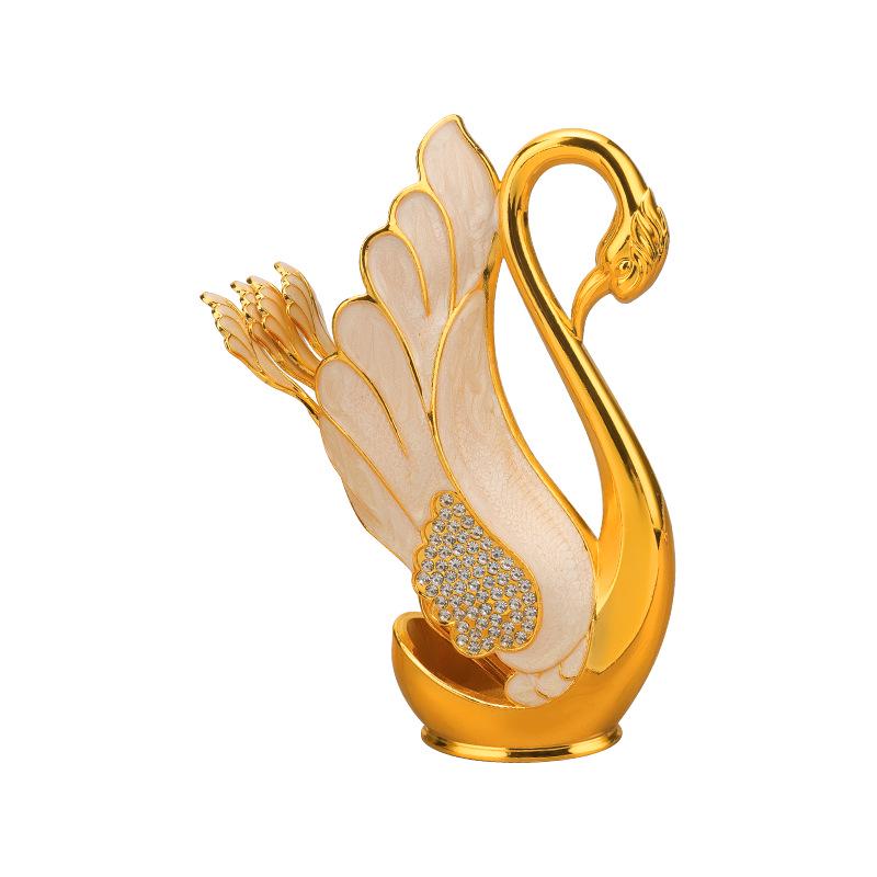 European Luxury Gold & Silver Rhinestone Swan Spoon and Fork Set with Swan Stand