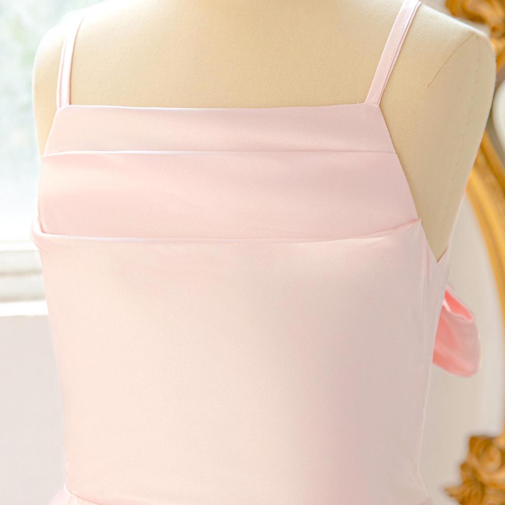 French Satin Girls' Formal Irregular Spaghetti Strap Dress - Elegant Puffy Princess Evening Gown