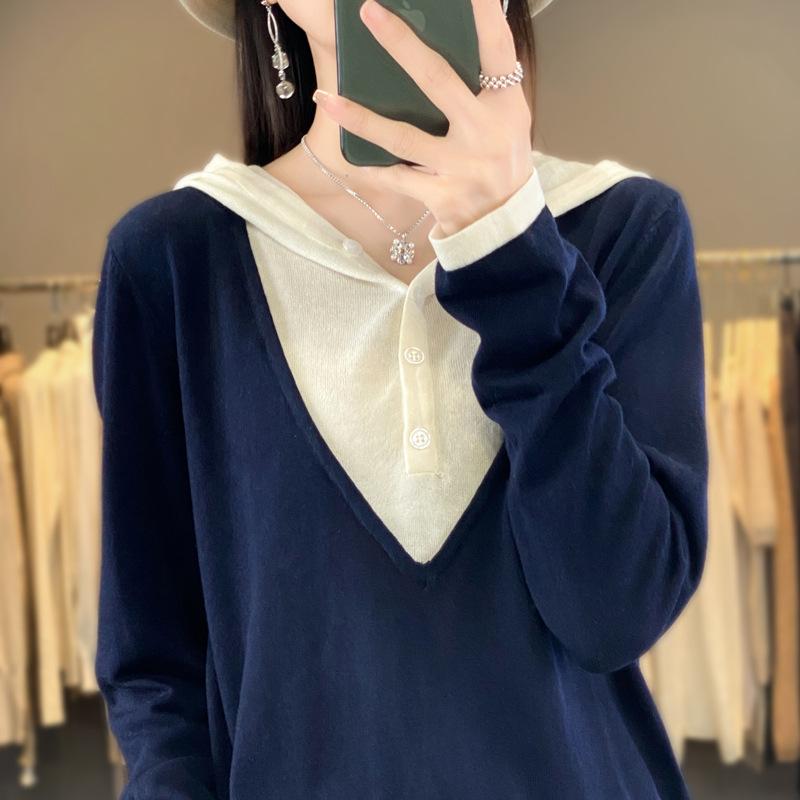 

Женский удобный свитер с капюшоном, два новых вязаных свитера, имитация верхней одежды, ранняя осень, свободный пуловер с капюшоном, цветовая блокировка XXL