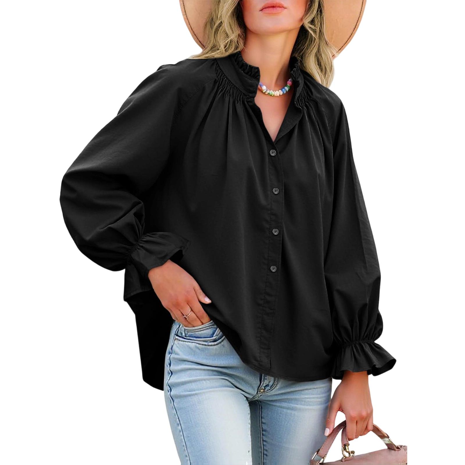 Women s V-Neck Sleeve Ruffle Blouse, Loose Fit Casual Top S