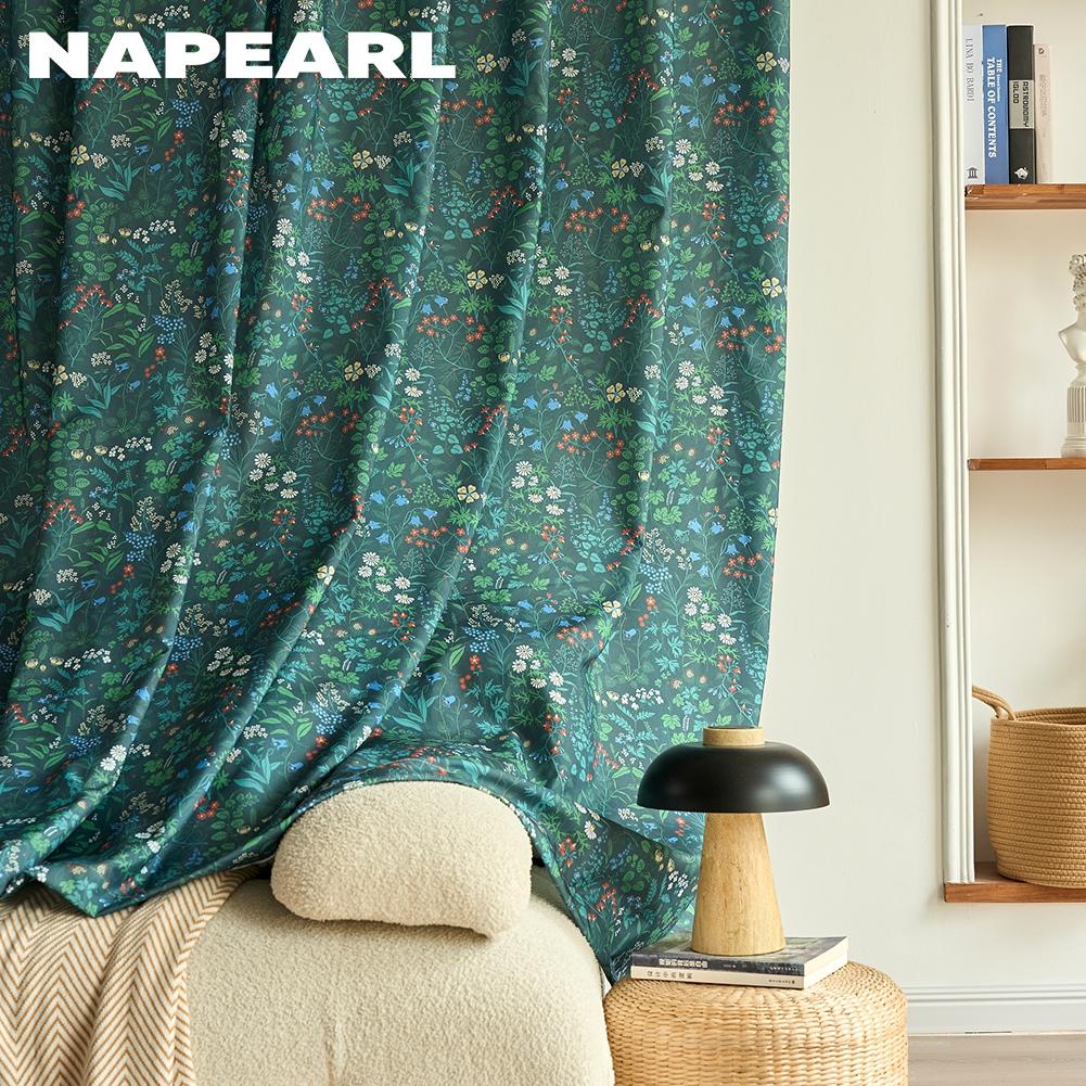1PC NAPEARL French Retro Dark Green Floral Curtains, Printed Thick Blackout Curtains for Living Room Bedroom Window Home Decor