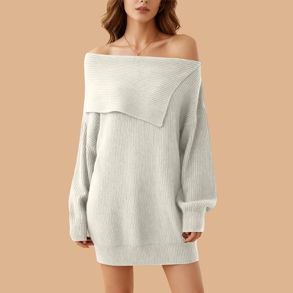 Women's Folded Collar Off-Shoulder Long-Sleeve Knit Dress