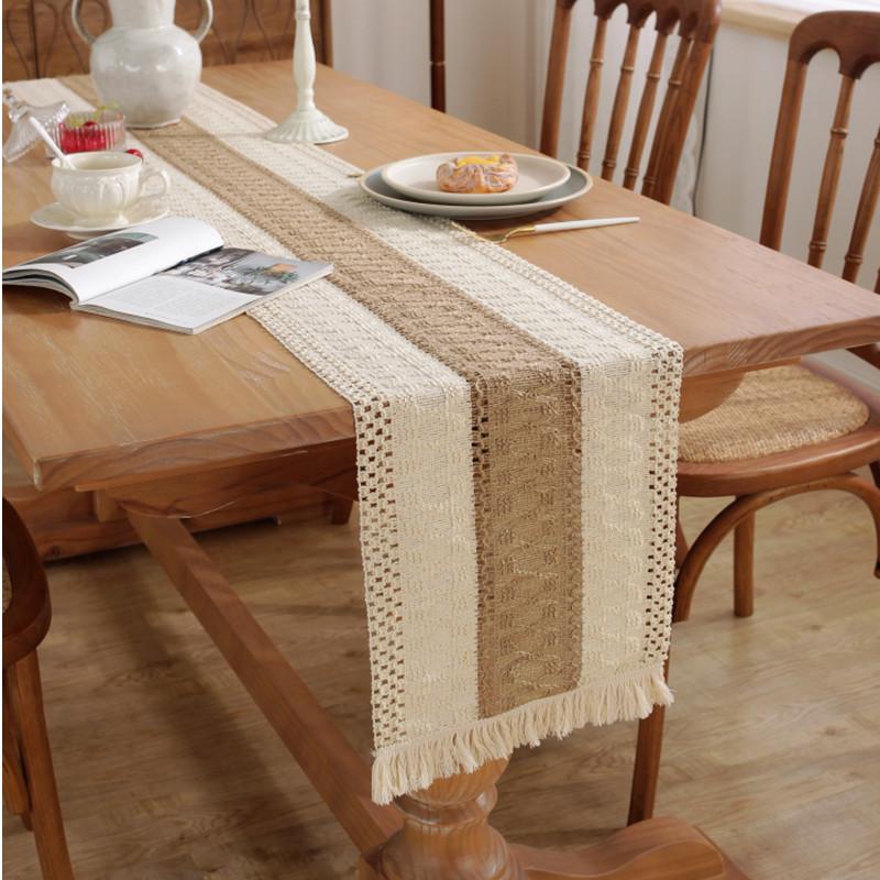 Boho Crochet Table Runner, Handmade Lace Striped Design, Polyester Woven Rectangular Table Decor for Home and Restaurant, Christmas Holiday Decoration