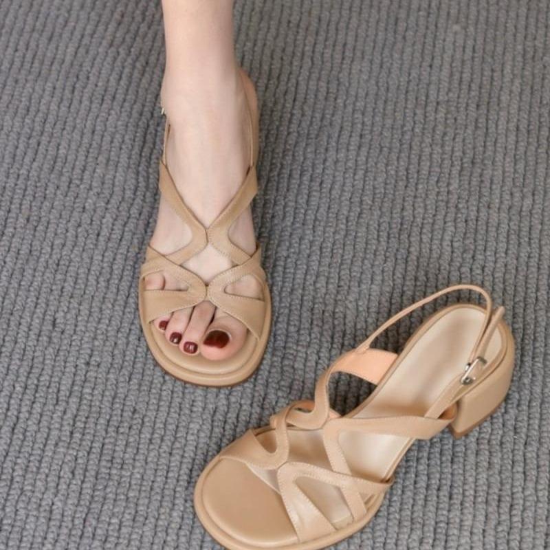 Fashionable Korean-style Round-toed Open-toe Sandals for Women with Back Straps, 2025 New Summer Roman High-heeled Women's Shoes