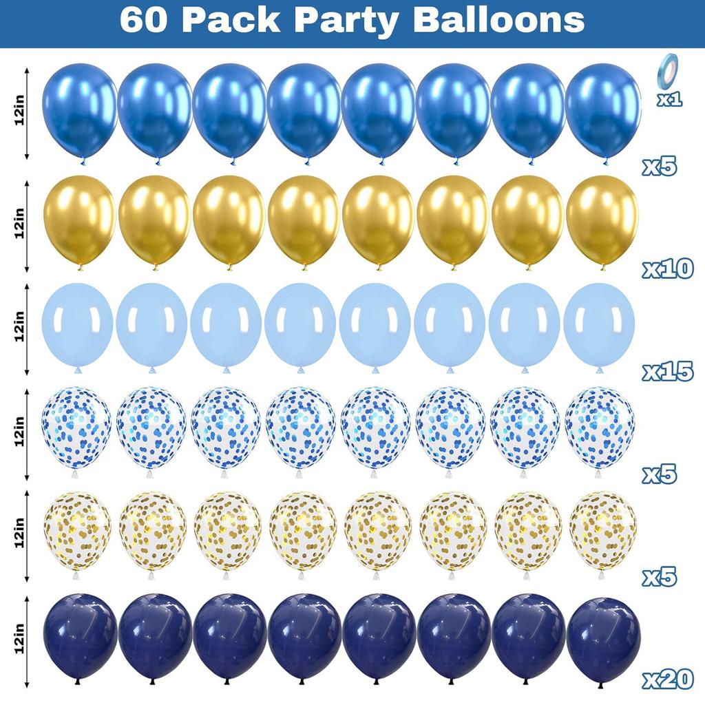 12palcová sada 60/30 ks modrých, žlutých a bílých latexových balónků s konfetami vhodná pro svatby, narozeniny, oblíbené večírky, rozlučky se svobodou
