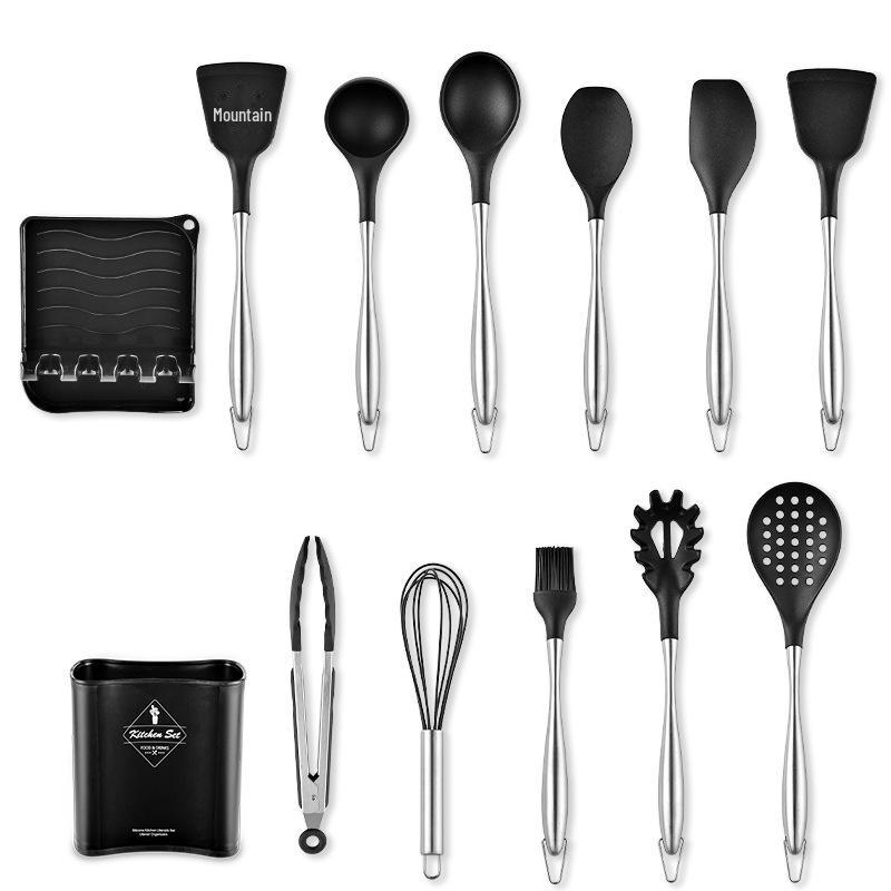 12-Piece Stainless Steel & Silicone Kitchen Utensil Set with Storage Bucket: Spatula, Spoon, Whisk Set