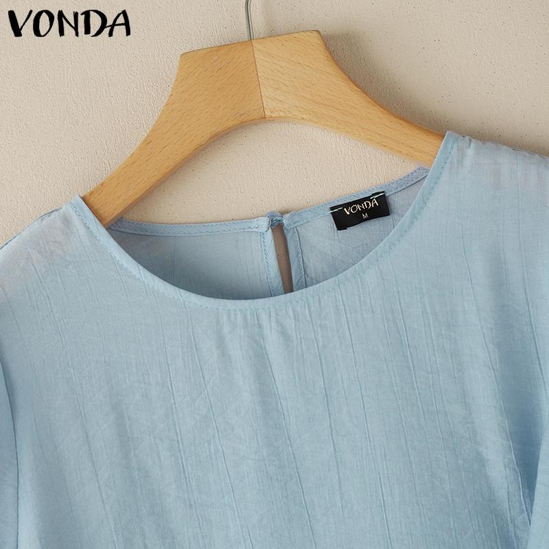 VONDA Women Casual Short Sleeve Solid Semi-Sheer Side Twisted Loose Blouse