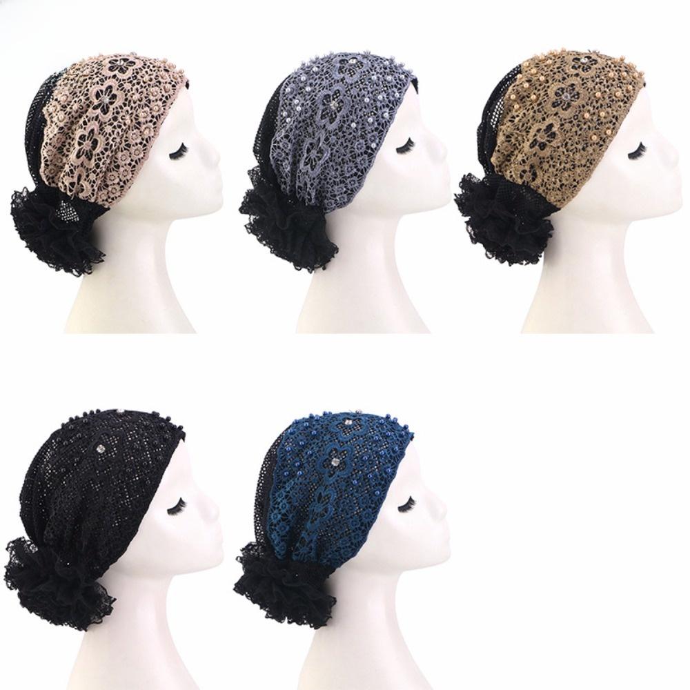 Casual Lace Embroidered Turban Hat Floral Beaded Ready To Wear Muslim Chemo Cap Vintage Lace Pearl Lace Bonnet Female