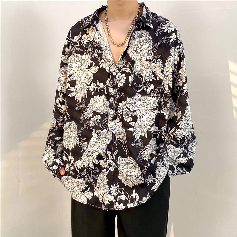 Unisex Thai Vintage Floral Long-Sleeve Shirt, Loose Fit for Street Dance, Spring/Autumn