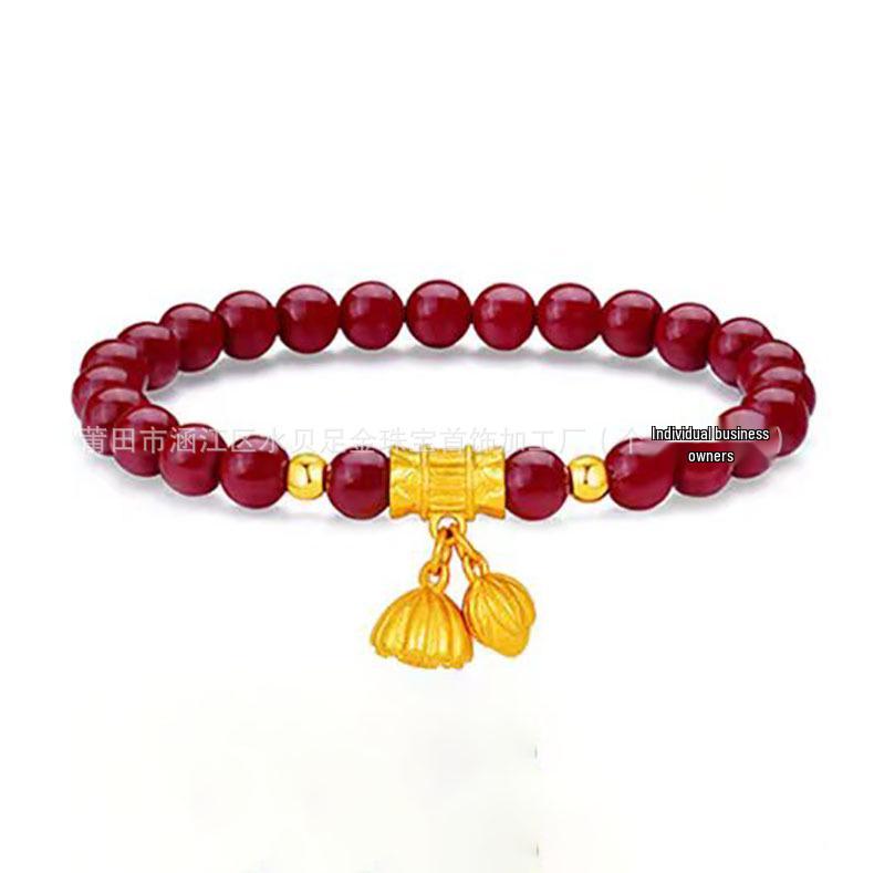 Gold Cinnabar Pixiu Bracelet with Lucky Beads and Curved Tube for Women – 999 Pure Gold DIY Gift