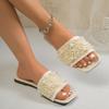 Fashion Large Size Slip-On Sandals Women's Summer 2025 Pearl Beach Flat Slippers Square Head  Comfortable Casual Slippers