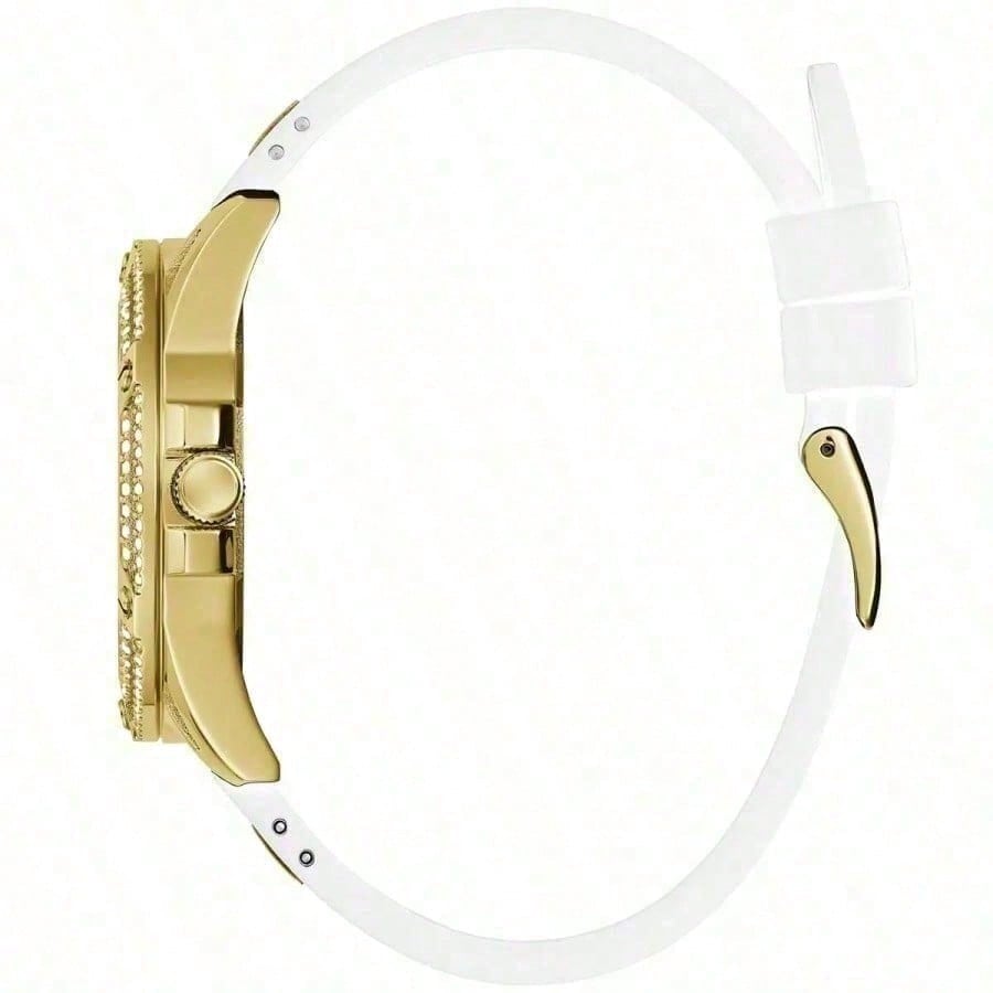 Guess Ladies' 40mm Gold Watch - Stainless Steel Case Skeleton Dial White Silicone Strap GW0536L2