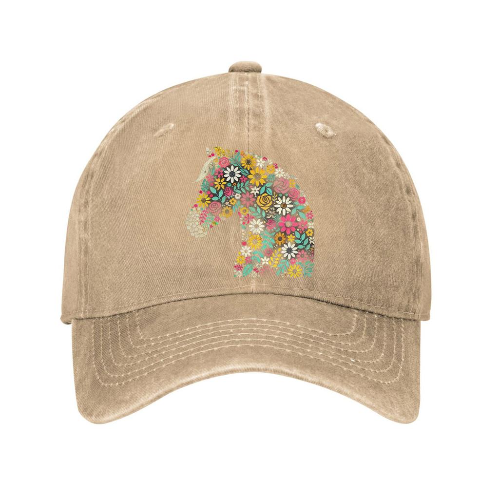 Floral Horse Head Print Washed Baseball Cap Denim Casual Adjustable Sun Protection Dad Hat