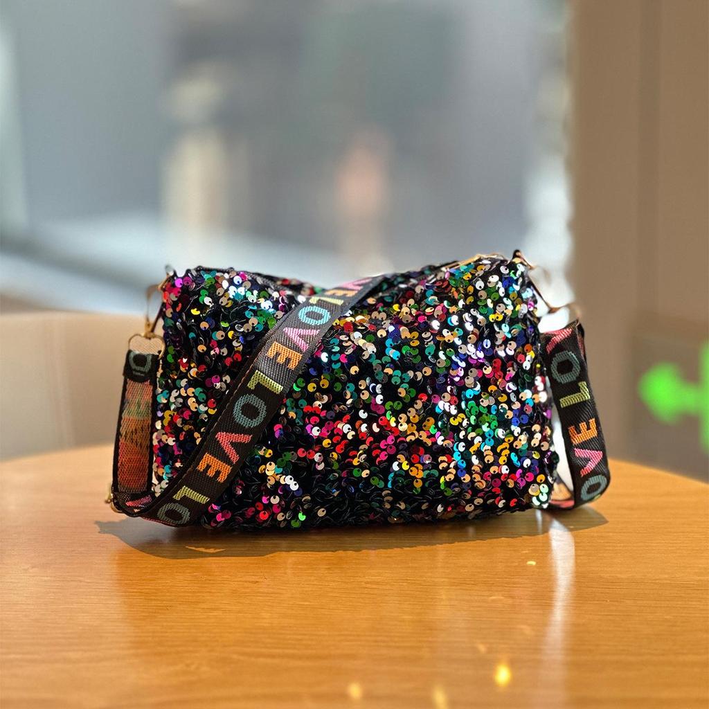 Yogodlns Luxury Women Sequins Wide Strap Shoulder Bag Fashion Shine Casual Crossbody  Bag Female Hip Hop Belt Bags Trend