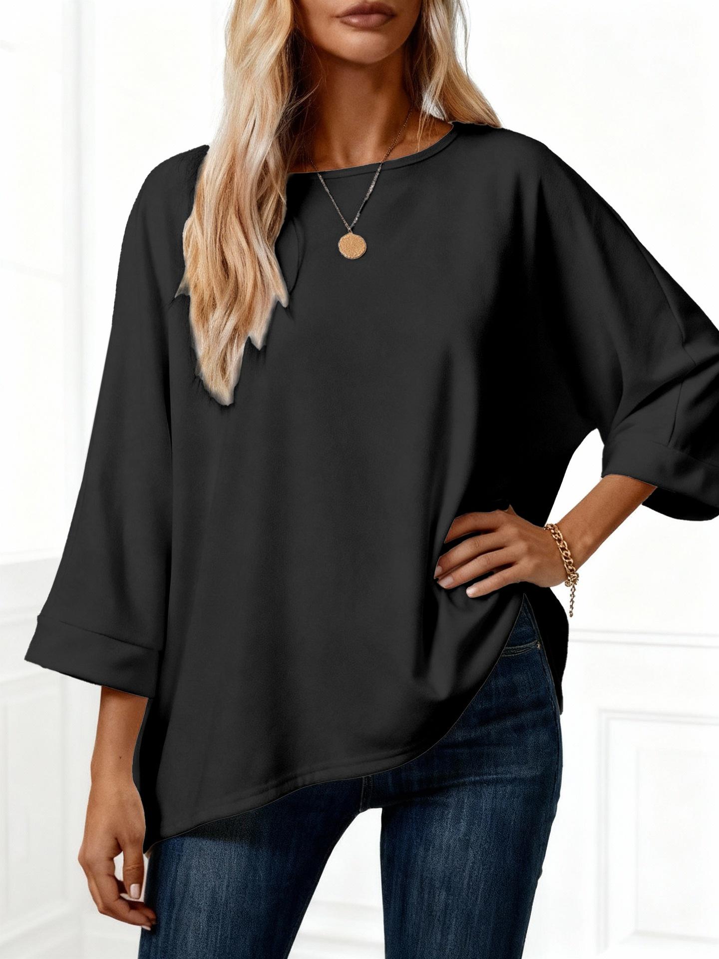 

2026 Spring/Summer Women s Plus Size Round Neck 3/4 Sleeve Loose T-Shirt - New Arrivals, Solid Color, Cross-Border Fashion 1XL чорний