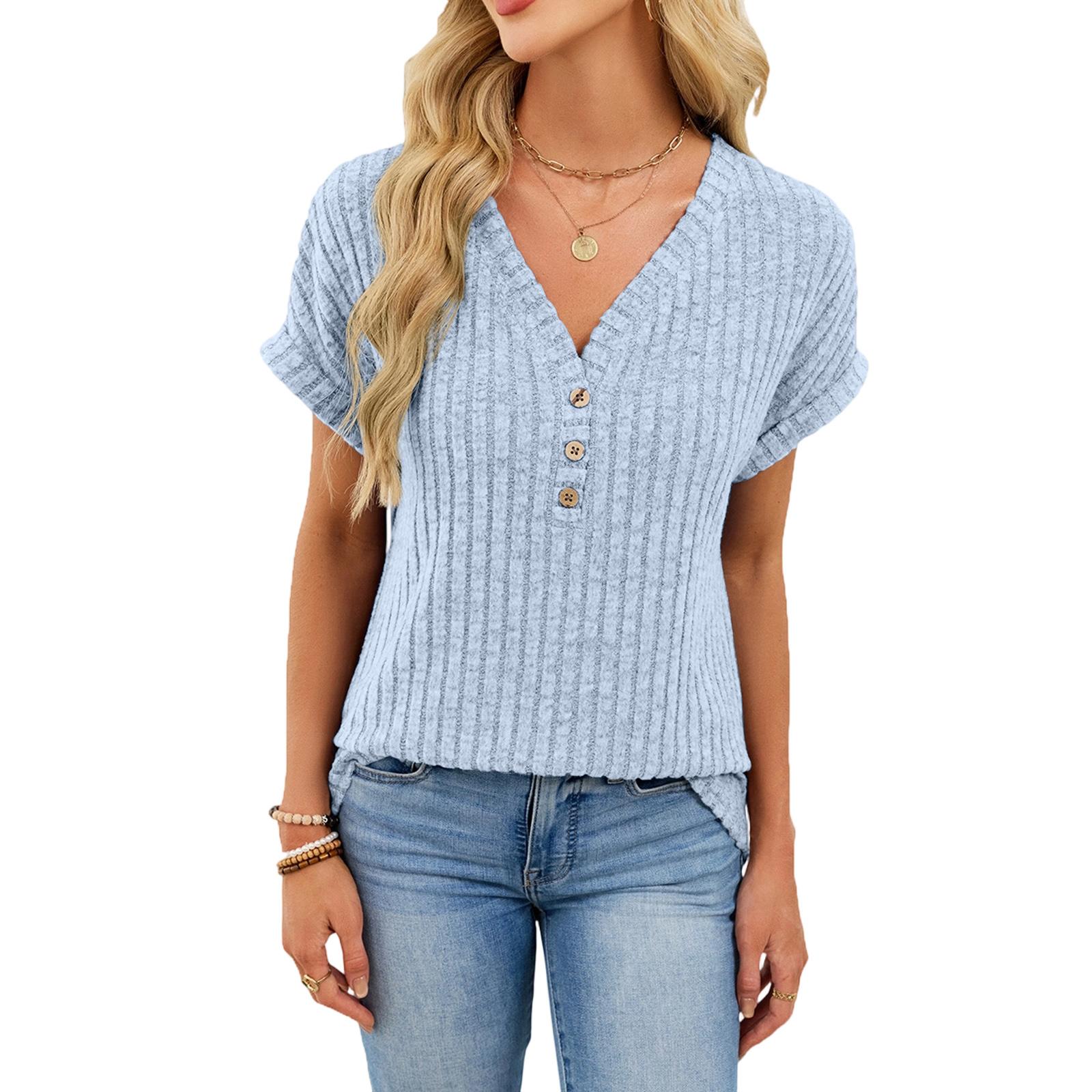 Women s Casual Fashion Comfortable V-Neck Button-Up Loose-Fit Top M