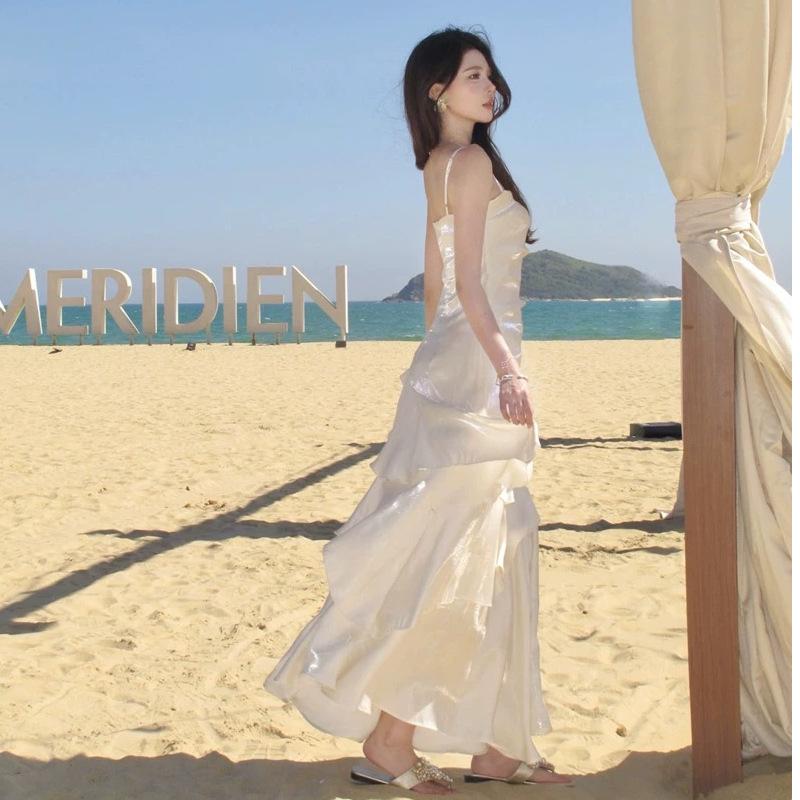 Sophisticated Temperament Socialite Lady Dress Summer New Suspender Ruffle Edge Long Dress Birthday Dress Dress